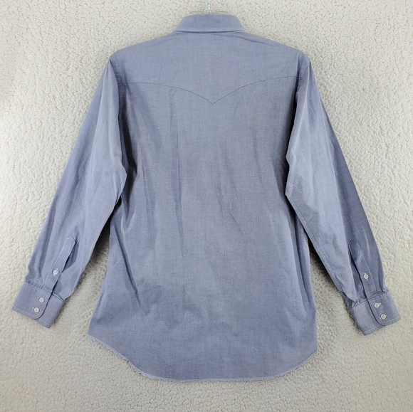 Vtg Wrangler Button Shirt Men 15.5 34 Chambray Gray Cowboy Cut X-Long Tails USA - Picture 12 of 12